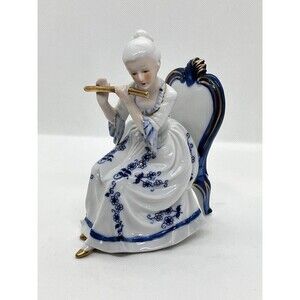 English Ceramic Statue, Lady Flute Player Sitting In Chair , Blue White Gold VTG